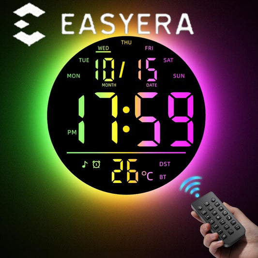 [Christmas Gift] EASYERA 10" Large Circle Digital Wall Clock with Remote Control, Music Sync, Round clock with RGB Atmosphere Lights with 11 Scenes Mode, Dual Alarms with Big LED Display, Classroom, Game Decor Home Goods Auto Dst Adjustment